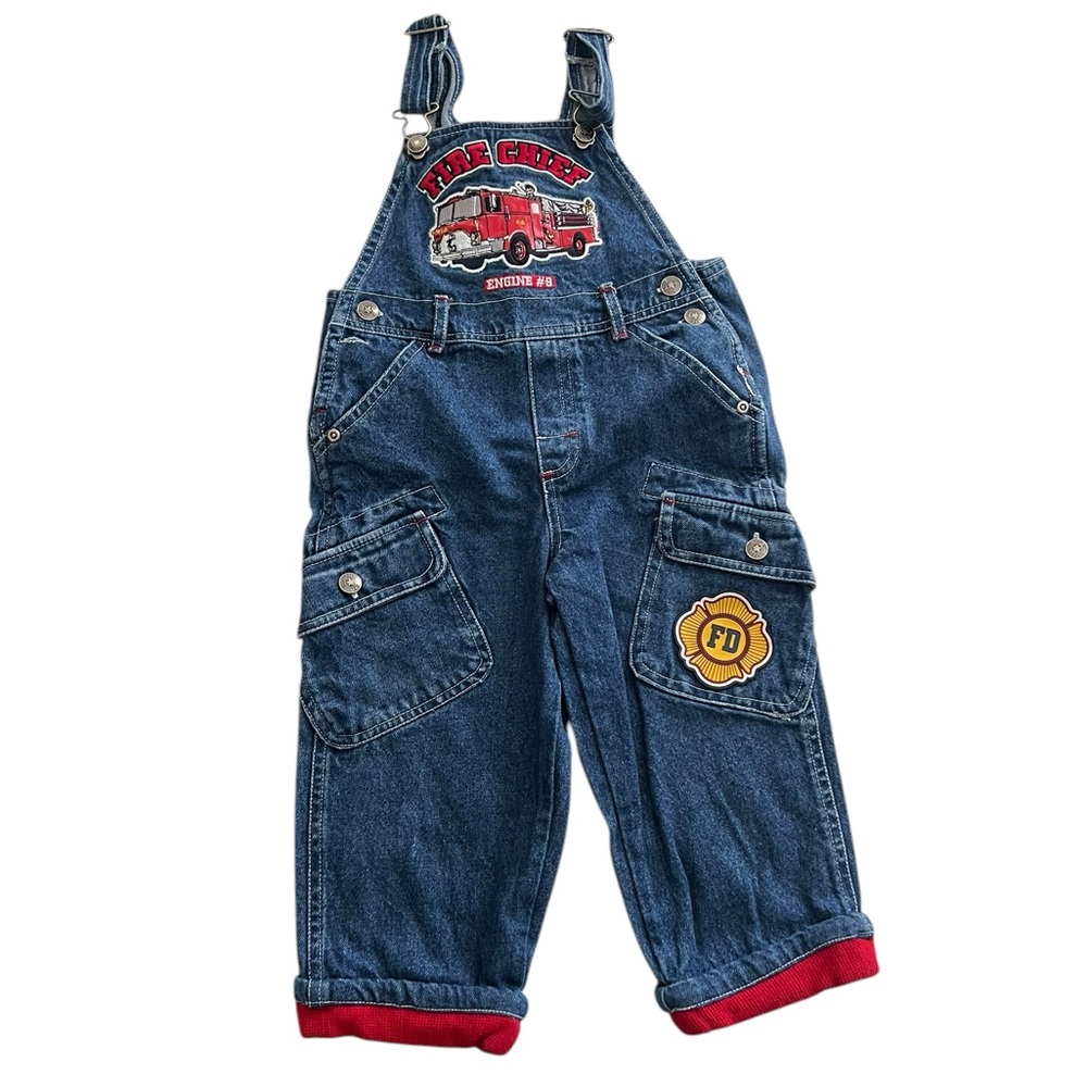 Boys Firetruck Denim Overalls - Size 2T